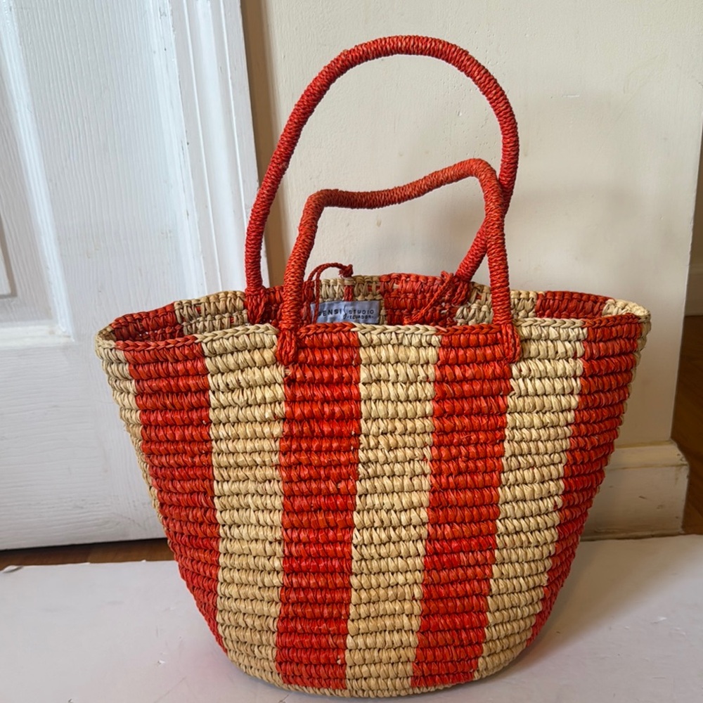Striped Red and Natural Woven Tote Bag